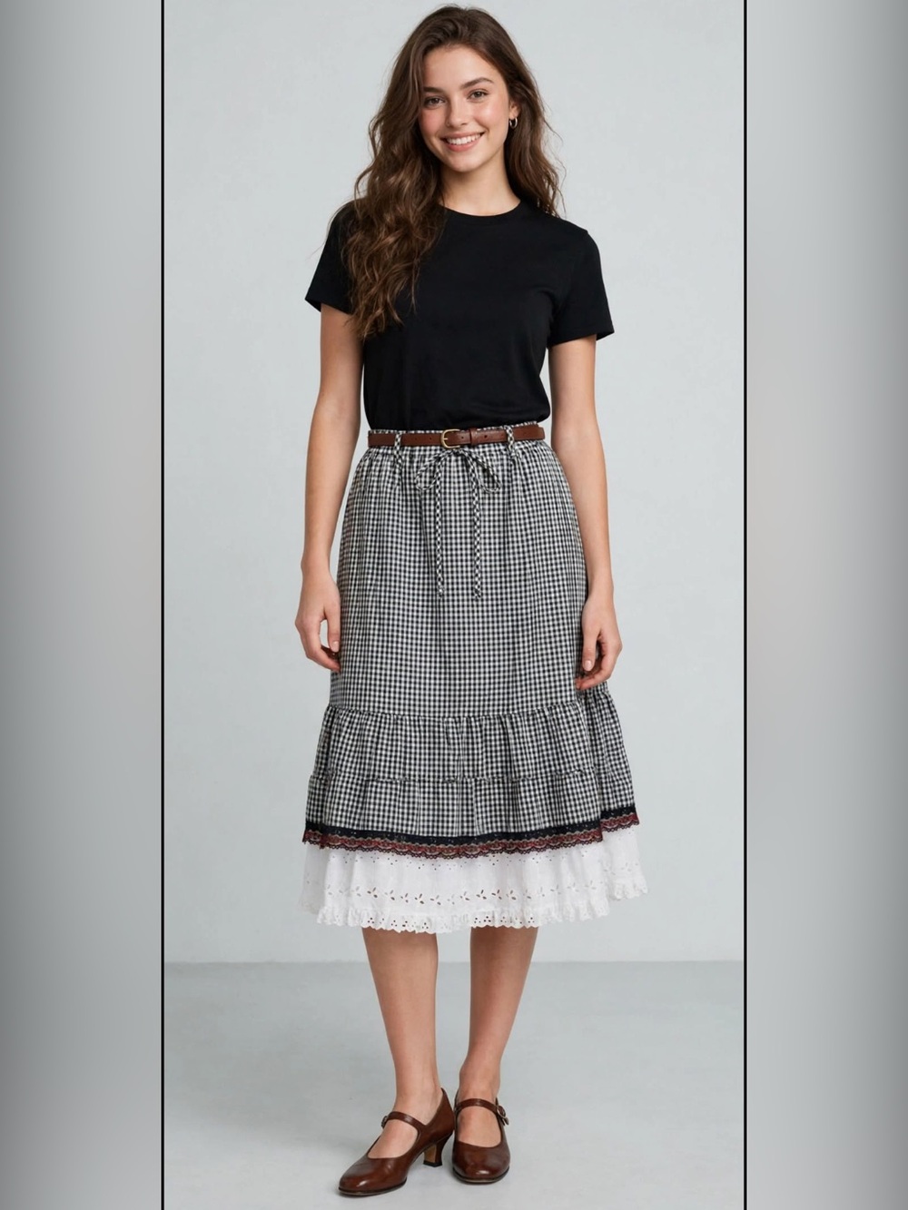 Vintage Gingham Black and White  cinnamon stick California Ruffle Skirt